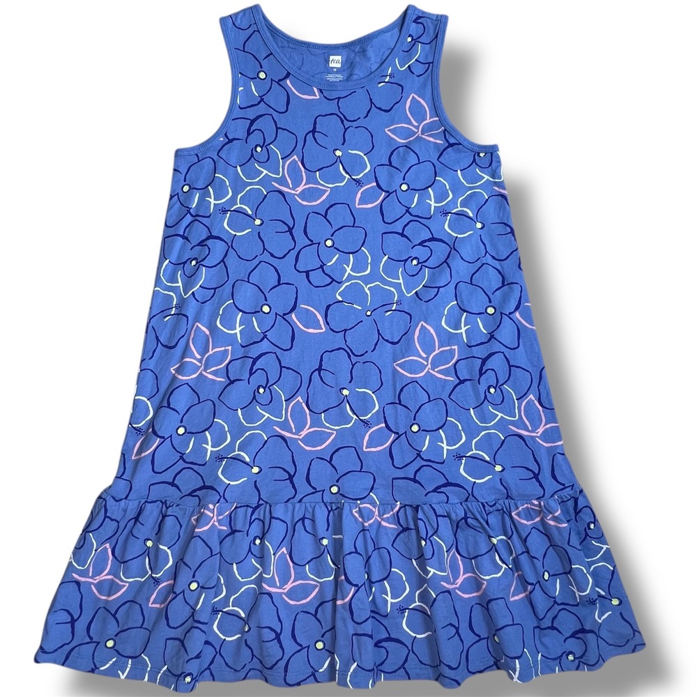 Tea Collection Girls‎ 12 Ruffle Hem Floral Tank Dress Girls 12 Blue Hibiscus